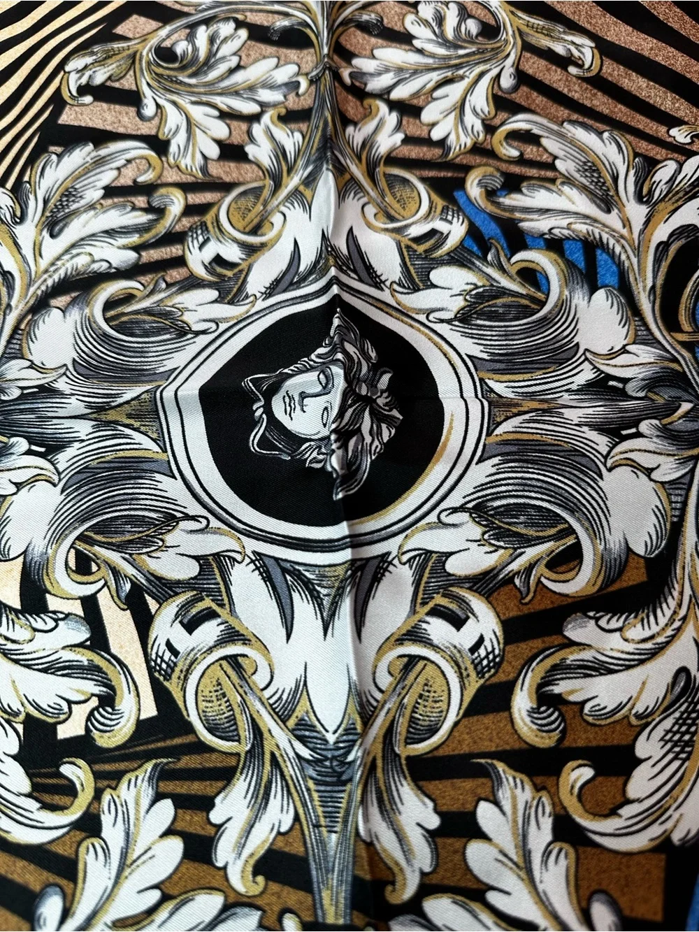 Versace Silk Medallion Scarf in Blue, Gold & Black